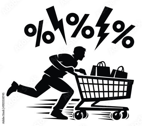 Graphic illustration of a man with a shopping cart depicting a sales rush for retail promotion