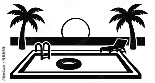 Bold line art illustration of a tropical poolside scene depicting summer relaxation for travel and leisure
