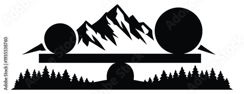 Modern line art illustration of mountains on a seesaw depicting natural balance for environmental concepts