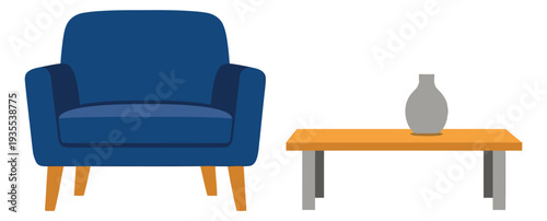 Flat design furniture and decor elements set featuring a blue armchair, a wooden coffee table, and a grey vase for home interior concepts