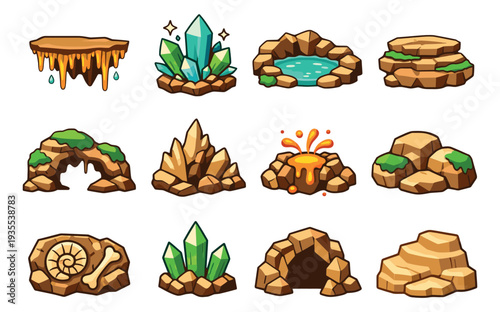 Cartoon natural elements set featuring geological formations, crystals, and caves for game design