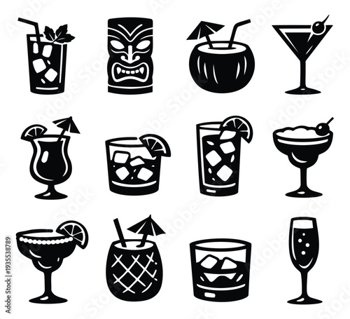 Graphic tropical cocktails set featuring various drinks, a tiki mask, and a champagne flute for summer parties and bar menus
