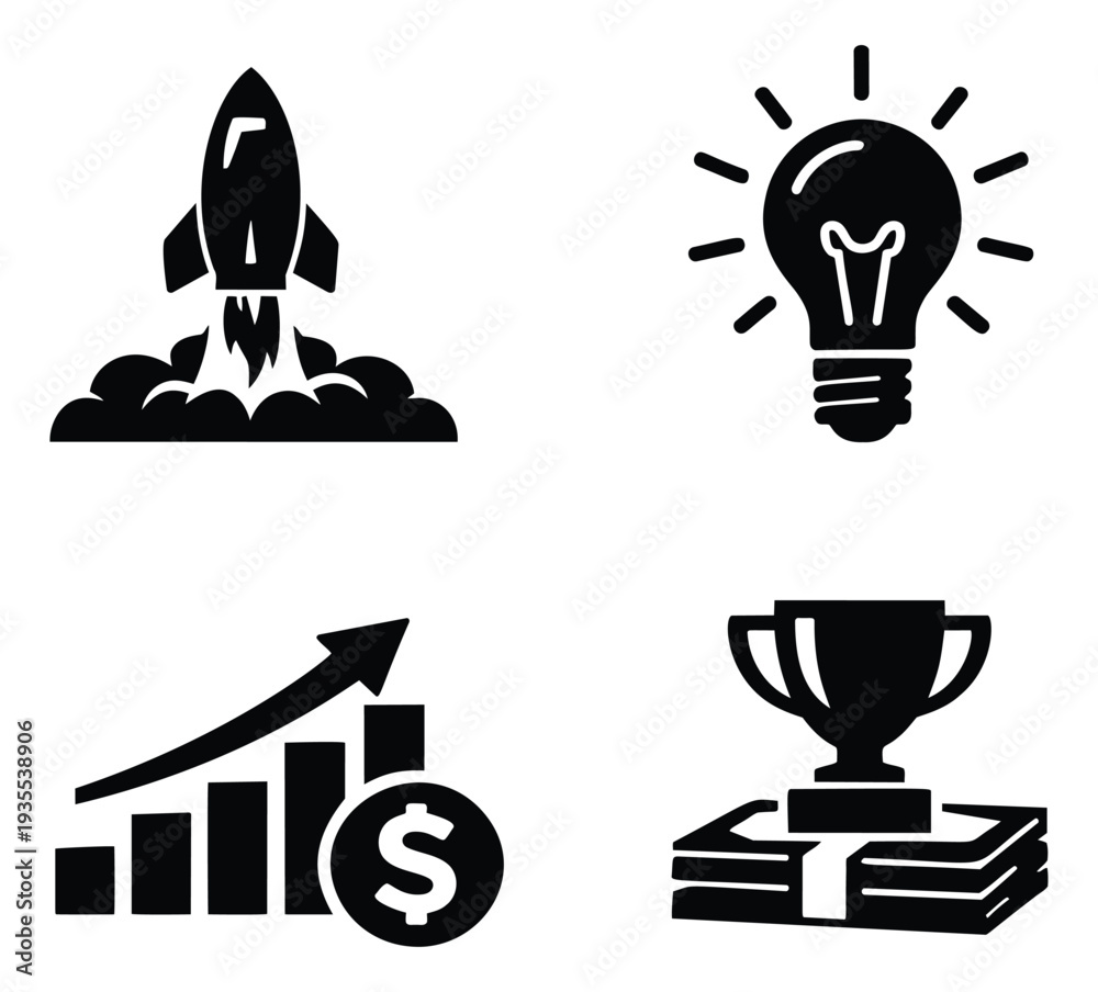 Fototapeta premium Solid icon set featuring a rocket launch, lightbulb, growth chart, and trophy for business success and innovation