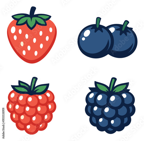 Flat design berry set featuring strawberries, blueberries, raspberries, and blackberries for healthy eating