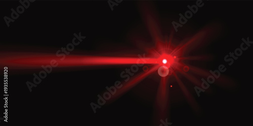 Red laser beam with bright shiny sparkles. Glowing neon light laser beam line. Ray from explosion  burst energy effect. Vector illustration of illumination  spotlight on black background