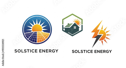 Solar energy logos with sun house and lightning bolt.