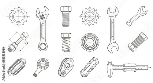 Engineering blueprint drawings of mechanical tools and parts.