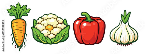 Colorful cartoon vegetable set featuring a carrot, cauliflower, bell pepper, and garlic for food designs