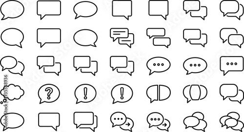 Speech Bubble and Chat Message Line Icon Set with Conversation Symbols, Comment Boxes, Dialogue Signs and Messaging Communication Elements