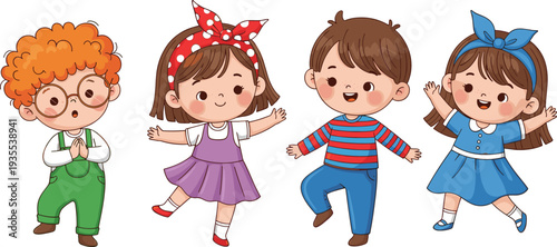 Group of Happy Kids Dancing, Children in Colorful Outfits, Fun and Joyful Expressions, Playful Moment