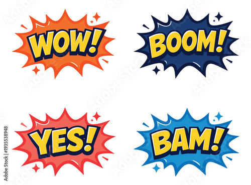 Pop art comic speech bubbles set featuring exclamations and sound effects for advertising and social media