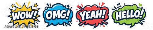 Comic style speech bubble set featuring 'wow', 'omg', 'yeah', and 'hello' expressions for online messaging