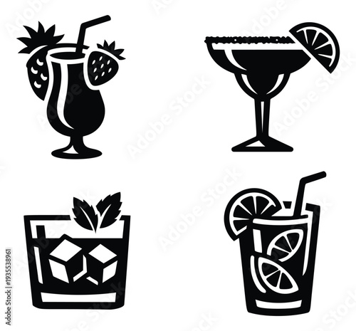Solid icon drink set featuring popular mixed beverages for bar menus or party designs