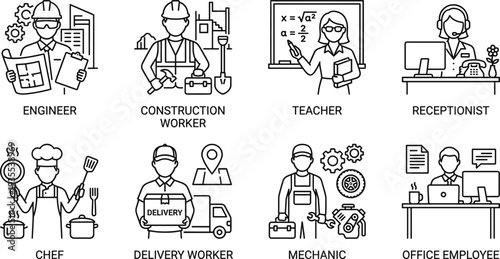 Professional Occupation Line Icon Set with Engineer, Construction Worker, Teacher, Receptionist, Chef, Delivery Worker, Mechanic and Office Employee Symbols