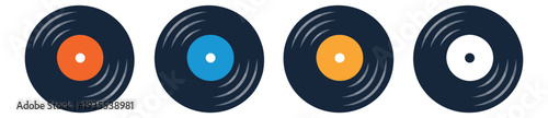 Flat style vinyl records set featuring different colored labels for music and audio themes