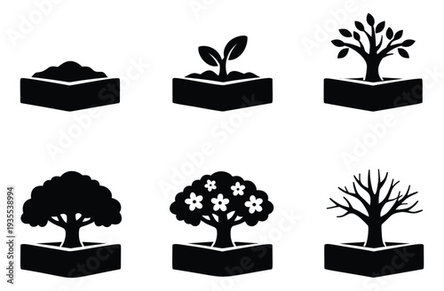 Stylized icon plant growth set featuring stages from soil to a bare tree in a planter box for gardening and environmental themes