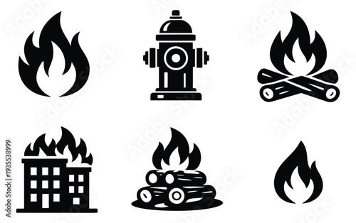 Modern glyph fire and safety icons set featuring flame, bonfire, burning building, and fire hydrant symbols for emergency, safety, and outdoor activities