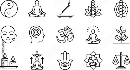 Yoga and Meditation Line Icon Set with Yin Yang, Lotus Flower, Om Symbol, Incense, Chakra, Mindfulness and Spiritual Balance Symbols
