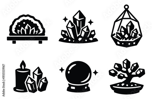 Modern glyph spiritual items set featuring various crystals, a crystal ball, candle, and geode for magic, wellness, and fortune telling