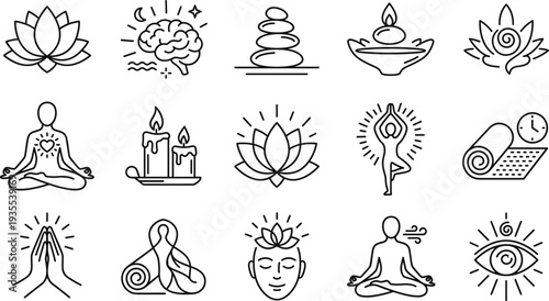 Yoga Meditation and Mindfulness Line Icon Set with Lotus, Prayer Hands, Zen Stones, Candle, Spiritual Eye and Relaxation Symbols