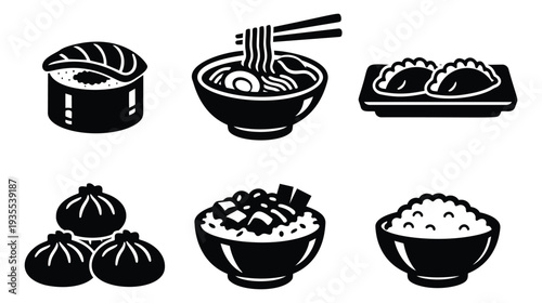 Graphic line art asian food set featuring sushi, ramen noodles, dumplings, and rice bowls for restaurant menus