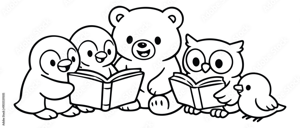 Fototapeta premium Hand drawn line art illustration of cute animal friends depicting reading books together for children's education