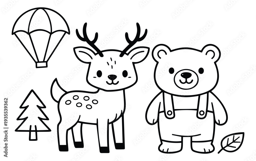 Obraz premium Cute hand drawn line art woodland elements set featuring a deer, a bear, a parachute, a tree, and a leaf for kids' projects
