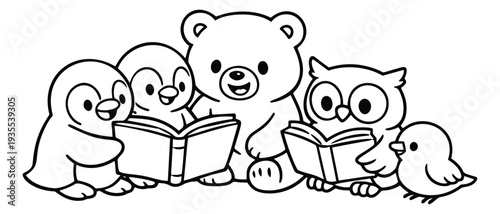 Hand drawn line art illustration of cute animal friends depicting reading books together for children's education