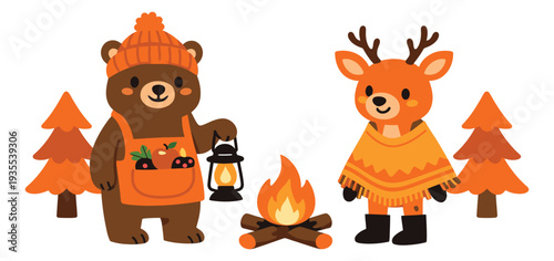 Cute cartoon autumn camping elements set featuring a bear, deer, campfire, and trees for children's designs