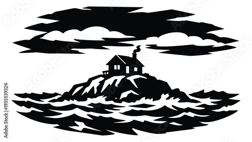 Silhouette illustration of an isolated house on a rocky island depicting a stormy sea and dark clouds for a dramatic and challenging theme
