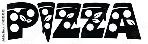 Graphic illustration of the word pizza depicting text as pizza slices for food branding