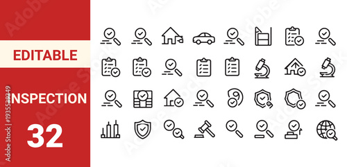 Inspection web icons line style. Evaluation, report document, magnifier, quality check, risk analysis, control, auditor, paper,
