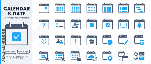 Calendar and schedule glyph icon set for event planning, agenda, time management. Monthly, weekly views, Gantt chart, reminders, notifications, cloud sync. Flat blue vector pictogram for web app.