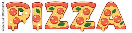 Cartoon pizza word set featuring letters made of pepperoni and melting cheese for restaurant menus