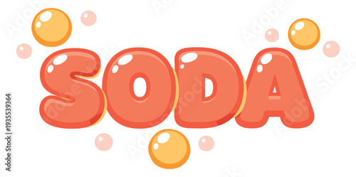 Bubbly cartoon illustration of the word 'SODA' depicting fizzy text with glossy bubbles for beverage branding and refreshment