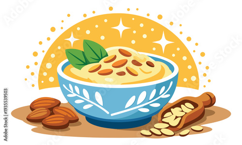 Modern vector illustration of almond butter depicting healthy food ingredients for vegan cuisine
