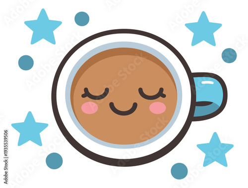 Cute illustration of a coffee cup depicting a sleeping face surrounded by stars for morning relaxation