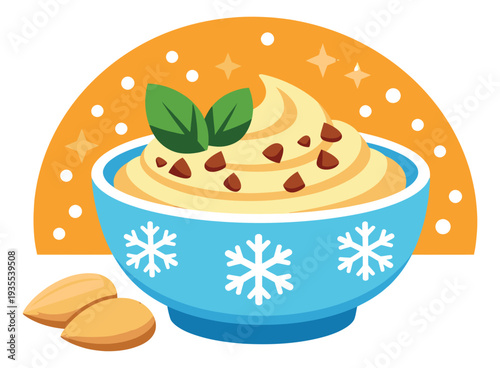 Cartoon illustration of a creamy dessert bowl depicting a winter treat with almonds and chocolate chips for food concepts
