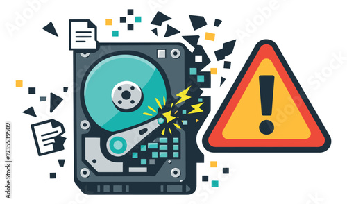 Modern illustration of a hard disk drive depicting data corruption and a warning sign for system failure