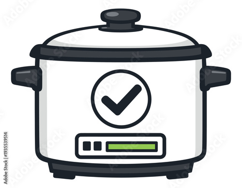 Modern cartoon style illustration of a rice cooker depicting a completed cooking cycle for home kitchen