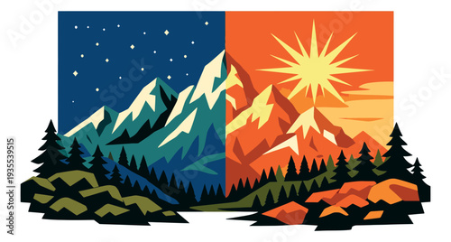 Modern illustration of a mountain landscape depicting day and night contrast for nature themes