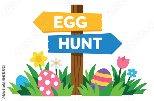 Flat design illustration of an egg hunt signpost depicting colorful eggs and spring flowers for an easter celebration