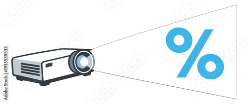 Modern line art illustration of a projector depicting a percentage symbol for business and sales promotions