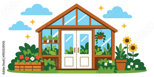 Flat cartoon illustration of a greenhouse depicting various plants and flowers for gardening and horticulture concepts
