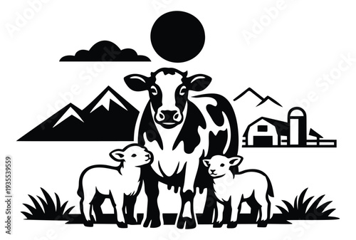 Graphic illustration of a cow and two lambs depicting a rural farm scene for agricultural industry design