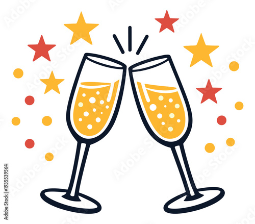 Line art illustration of two clinking champagne glasses depicting a toast for a celebration