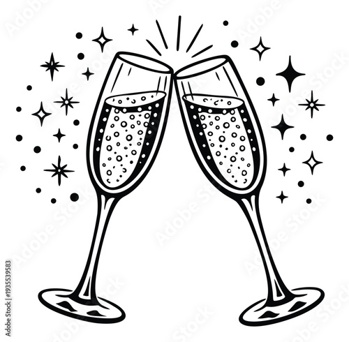 Hand drawn line art illustration of two champagne flutes depicting a celebratory toast with sparkling effects for a festive occasion