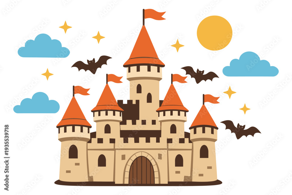 Fototapeta premium Whimsical illustration of a magical castle depicting bats flying around for fairy tale adventures