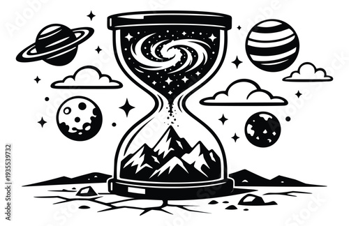 Bold line art illustration of an hourglass depicting the universe transforming into mountains and earth elements for concepts of time, space, and nature