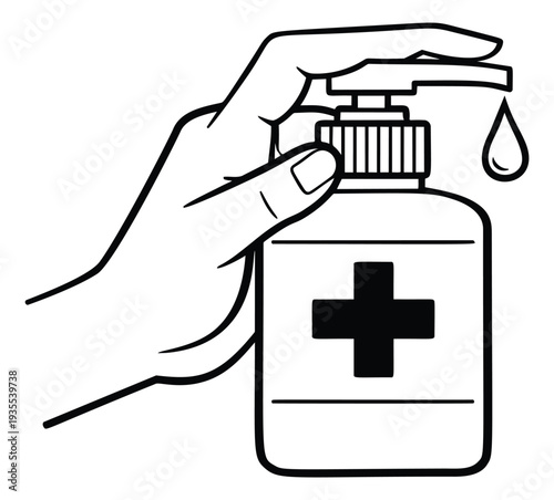 Hand drawn line art illustration of a hand dispensing hand sanitizer from a pump bottle depicting hygiene and disinfection for health protection